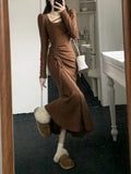 Getadme-Y2k Vintage Brown Maxi Trumpet Dress Women Korean Style Elegant Folds Drawstring Long Sleeve Bodycone Corset Dresses