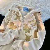 Getadme Women Retro Embroidery Hoodies Autumn Winter Zip Up Long Sleeve Loose Jacket Coats Y2k Harajuku Casual Pocket Hooded Sweatshirts