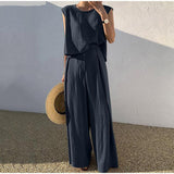Getadme-Summer Cotton Women's Pajamas Set Sleeveless O-Neck Tank Top Wide Leg Pants Two Piece Sets Women Home Suit Oversize Outfits