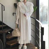 Getadme Elegant Lace Peter Pan Collar Ruffle Pleated Loose White Flared Sleeve Dresses for Women Maxi Casual Swing Clothes Fall