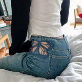 Getadme Y2K Sexy Hollow Butterfly Embroidery Jeans Women High Waist Slim Wide Leg Denim Pants Kpop Ins Fashion Streewear