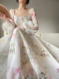Getadme-French Elegant Floral Midi Dress Chiffon Long Sleeve Evening Party Dress Woman Beach Fairy One Piece Dress Korean 2023 Summer