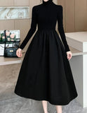 Getadme Women Winter Turtleneck Black Midi Dress Korean Elegant Long Sleeve A-line Slim Vestidos Autumn Office Lady Casual Robe Clothes
