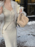 Getadme- Fur Sweater Knitted Suits Women Slim Winter Elegant Vintage 2 Piece Dress Set Office Lady Y2k Clothing Korean Fashion