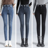 Small Foot Jeans 여성용 2023 가을/겨울 하이웨이스트 신축성 슬림핏 따뜻한 바지 플러시 두꺼운 펜슬 바지 여성용