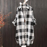 Stylish Sun Protection Plaid Pattern Long Shirt Comfy Roll-up Sleeve Buttons Closure Blouses Shirt Turn-Down Collar Workwear