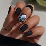 Getadme 24pcs Long Square False Nails French Mint Camellia Ink Earth Aurora Rainbow Fake Nails Full Cover Press on Nails Nail Tips