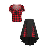 Vintage Plaid Print Mock Button Sweetheart Neck and Lace Up High Low Skirt Summer Outfit