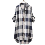 Stylish Sun Protection Plaid Pattern Long Shirt Comfy Roll-up Sleeve Buttons Closure Blouses Shirt Turn-Down Collar Workwear