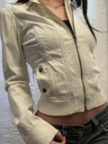 Getadme Vintage Cropped Jackets for Women Harajuku Casual Slim Fit Zipper Coat Y2K Streetwear Long Sleeve Outerwear Autumn