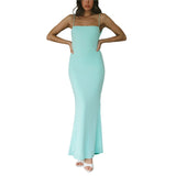 Women Sling Long Dress, Sleeveless Off Shoulder Solid Color Ruffle Party Club Summer Spring Dress