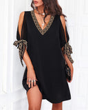 Women Print Dress Bow Hollow Sleeve Mini Dress Summer Deep V Neck Office Ladies Dress