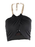 Hot Sell Summer Fashion Chic Halter Chain Crop Tops for Women Backless Cropped Black Wrap Top