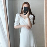 Vintage V-neck Slim Chiffon Women Dress Elegant Puff- Sleeve White Ladies Dresses 2023 Summer Party Pink Midi Dresses Vestidos