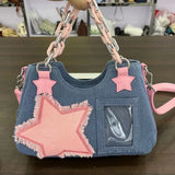 Getadme Y2K Vintage Korean Fashion Shoulder Underarm Harajuku Star Tote Denim Bag Chain Ladies Bags Zip Purses Bagutte Handbags Women