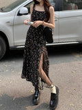Getadme-Y2k Vintage Black Floral Dress Women Korean Style Mesh Irregular Split One Piece Slip Long Chiffon Fairy Dresses Summer