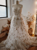 Getadme Elegant Lvory Tulle Boho Wedding Dresses 2022 Golden Celestial Star Bohemian V-neck Illusion A-line Formal Evening Prom Gowns