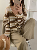 Striped Cropped Cardigan Autumn Korean Mujer Long Sleeve Tops Vintage Sweaters for Women V-Neck Oversize Knitted Sweater
