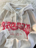 Getadme Women Letter Embroidery Hoodies Autumn Winter Vintage Zipper Long Sleeve Oversized Jacket Coat Harajuku Casual Hooded Sweatshirt