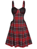 Vintage Casual Women Plaid Plunge Front Ladder Cut Mini Dress Spaghetti Strap Vacation Fashion Party Dress Robe