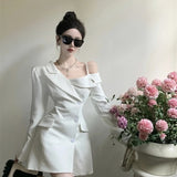 Getadme-Chic Korean Fashion Dress Women Elegant Temperament Off Shoulder Dresses Spring Irregular Slim Button Up Blazer Dress