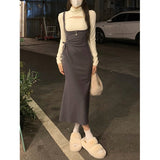 Getadme-Autumn 2 Piece Dress Set Women Elegant Bodycon Midi Dress Female Y2k Clothing Korean Fashion Knitted Sweater + Strap Dress