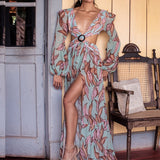 Sexy V-Neck Backless Hollow Out Dress Summer Women Lantern Sleeve Club Party Long Maxi Dresses Tunic Beach Cover Up