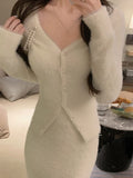 Getadme- Fur Sweater Knitted Suits Women Slim Winter Elegant Vintage 2 Piece Dress Set Office Lady Y2k Clothing Korean Fashion