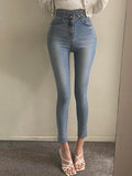 Getadme High waisted women's jeans with staggered button design tight elastic leg pants Korean fashion women clothing