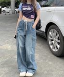 Retro loose drawstring elastic waist thin multi-pocket overalls straight wide leg jeans women's new summer tide