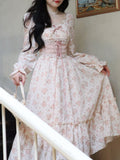 Pink Floral Korea Sweet Elegant Dress Women Bandage Lace Print France Vintage Dress Puff Sleeve Princess Kawaii Fairy Dress 2023