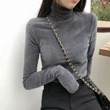 Turtleneck Velvet Thermal underwear Tops Long Sleeve TShirts Solid Autumn Fitness Black White Ladies Bottom Tops Women Clothing