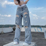 Getadme Streetwear Straight Pants Ladies Ripped Jeans Mid Waist Loose Wide Leg Pants Ladies Jeans Y2K Summer High Street  Cargo Pants