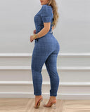 Summer Casual Women's Jumpsuit Puff Sleeve Zipper Front Belted Jumpsuit