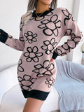 Getadme-Women's Sweater Dress with Flowers for Fall and Winter Basic Dress for Female Slim O-neck Full Sleeve Sexy Mini Knitted Dresses