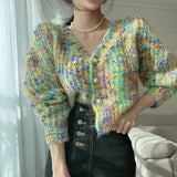 Getadme-Autumn Women Cardigan Korean Chic Sweet Retro Warm Thick Sweater Long Sleeve Mixed Color Knit Top Y2k Button Knitted Jacket