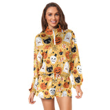 Getadme-Fashion Sporty Sweatsuits Ladies Two-piece Halloween printing Zippered Cropped Hoodie and Shorts Suit Sportswear for Women