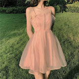 Summer Organza Spaghetti Strap Dress Pink  Fairy Dress  Hight  Waist  Dress Mini Robe Female Dresses For Women Party Sundress