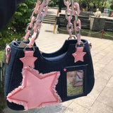 Getadme Y2K Vintage Korean Fashion Shoulder Underarm Harajuku Star Tote Denim Bag Chain Ladies Bags Zip Purses Bagutte Handbags Women