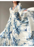 Getadme French Midi Fashion Floral Beading High Waist A Line Party Dresses Women Vintage Elegant Lantern Sleeve Chic Casual Elbise