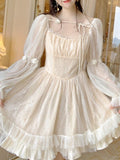 Getadme Lolita Kawaii Princess Dress Women Spring Summer Casual Long Sleeve Short Dress Japanese Square Collar Ruffles Pleated Dresses