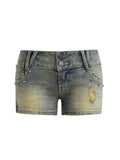 Summer Women Grunge Denim Hot Pants Low Rise Tight Ripped Jean Shorts Y2k 2000s Streetwear Vintage Gyaru Baddie Style Clubwear