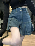 Getadme Y2k Aesthetic A-line Patchwork Pleated Skirt High Waist Slim Vintage Denim Skirts Harajuku Streetwear Fashion Faldas
