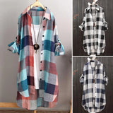 Stylish Sun Protection Plaid Pattern Long Shirt Comfy Roll-up Sleeve Buttons Closure Blouses Shirt Turn-Down Collar Workwear