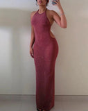 Glitter Backless Halter Maxi Dress Bodycon See Through Women Autumn Bandage Sexy Long Dresses Party Club Evening Vestido