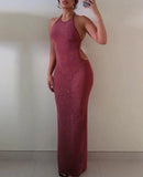 Glitter Backless Halter Maxi Dress Bodycon See Through Women Autumn Bandage Sexy Long Dresses Party Club Evening Vestido