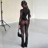 Women Sexy Long Sleeve Mesh See Through Black Tops Bodysuit Long Pants Two Piece Set Suit Outfit 2022 Fall Clothing