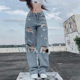 Getadme Streetwear Straight Pants Ladies Ripped Jeans Mid Waist Loose Wide Leg Pants Ladies Jeans Y2K Summer High Street  Cargo Pants