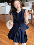 Korean Fashion Summer Pleated Skirt 2 Piece Set Women Elegant Sleeveless Button Tops+Wide Leg Pants Suits Y2k Casual Outfits