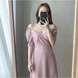Vintage V-neck Slim Chiffon Women Dress Elegant Puff- Sleeve White Ladies Dresses 2023 Summer Party Pink Midi Dresses Vestidos